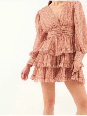 Floral Tiered Ruffle Long-Sleeve Mini Dress in Dusty Rose